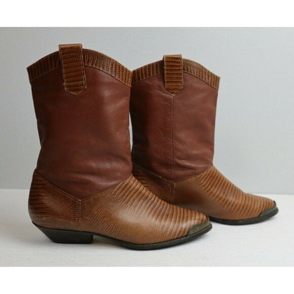 VINTAGE TAN BROWN LEATHER FASHION COWBOY BOOTS - SANDRA MILLER - SIZE 6.5 - Picture 1 of 12